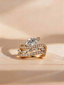 3pcs/Set 18K Gold Plated Luxury Marquise Main Stone Gemstone Ring, Round Side Stone Ring, Wave Eternity Ring, Exquisite Holiday Party Gift For Women - Yellow Gold - View 23