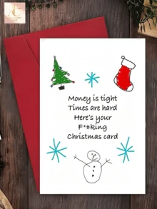 1pc Funny Rude Christmas Greeting Card, Money Is Tight Times Are Hard Hand Drawn Xmas Card With Red Envelope, Novelty Humorous Holiday Card, Cute Doodle Snowman Tree Sock Design, Joke Christmas Gift Card For Friends Party Supplies - One Size Fits All - View 5