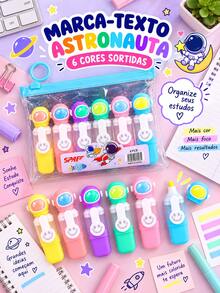 MARCA-TEXTO PANDA OU ASTRONAUTA 6 UNIDADES CORES SORTIDAS PAPELARIA CRIATIVA PARA ESCOLA ESTUDOS CADERNO PLANNER E PRESENTE - MARCA TEXTO ASTRONAUTA - Visão 2