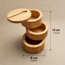 Acacia Wood Salt Cellar With Built-In Spoon, Dust-Proof; Elegant Kitchen Salt Container With Rotating Magnetic Lid, Suitable For Storing Pepper, Spices, Bath Salts, Sea Salt, Etc., 6oz - Khaki - View 13
