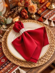 2/6/12pcs Bohemian Style Christmas Red Solid Color Decorative Napkins, Suitable For Holiday Party Banquet Decoration Cloth Napkins - Red - View 3