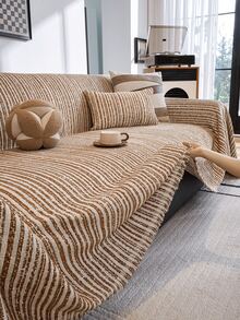1PC Minimalist Fashion Striped Textured All-Season Sofa Cover, Pet-Friendly Washable Sofa Slipcover, Suitable For All Seasons, Modern Minimalist Design, Tassel Sofa Blanket, Living Room Bedroom Home Decor - Brown - View 8