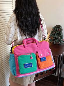 1pc Vibrant Colorblock Nylon Rectangular With Multiple Front Pockets And Adjustable Strap Large Capacity Luggage Organization Travel Duffel Bag Weekender Overnight Bag For Women Gym Workout Short Trip Summer Vacation Or Back To School Christmas Gift - Multicolor - View 10