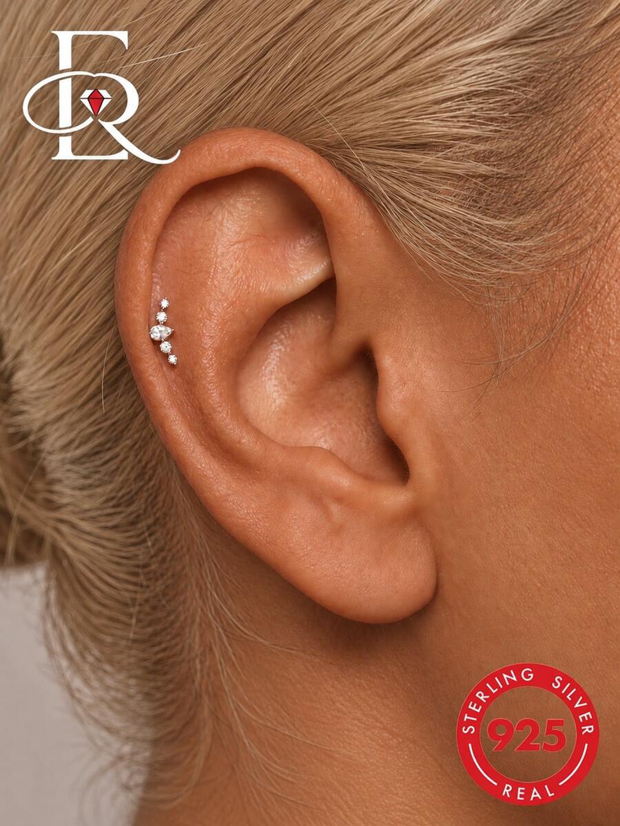 EleRunis 1pc 925 Sterling Silver Climbing Flat Back Cartilage Stud, Suitable For Helix, Conch, Cartilage, Ear Rim, Threaded Piercing Delicate Jewelry, Suitable For Daily Wear, Wedding, Party - Gold - View 1