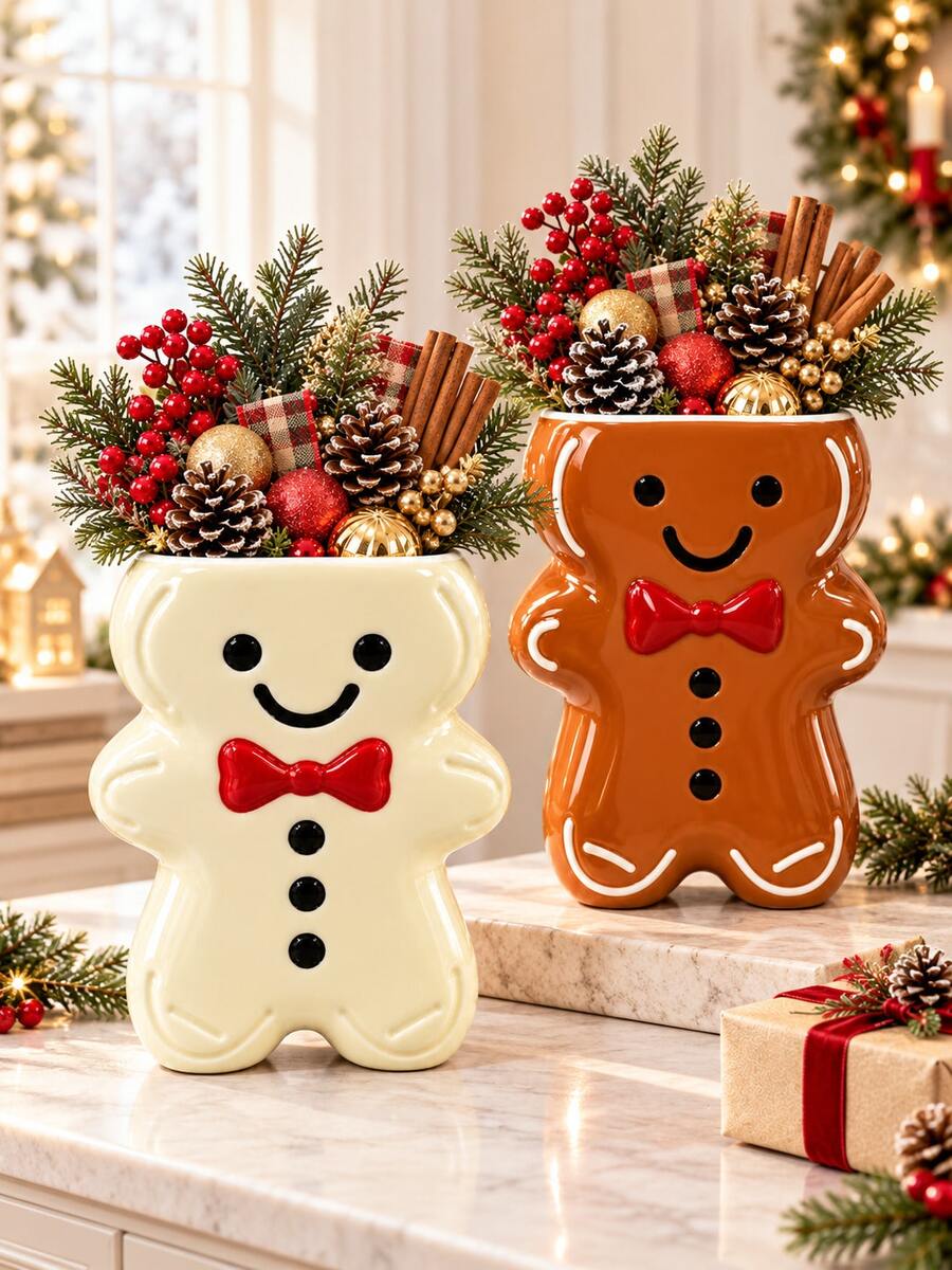 1pc Gingerbread Man Shaped Vase, Christmas Tabletop Decor Flower Pot, Cute Holiday Home Centerpiece Decoration, Suitable For Holiday Party Decor - Gingerbread Man - View 1