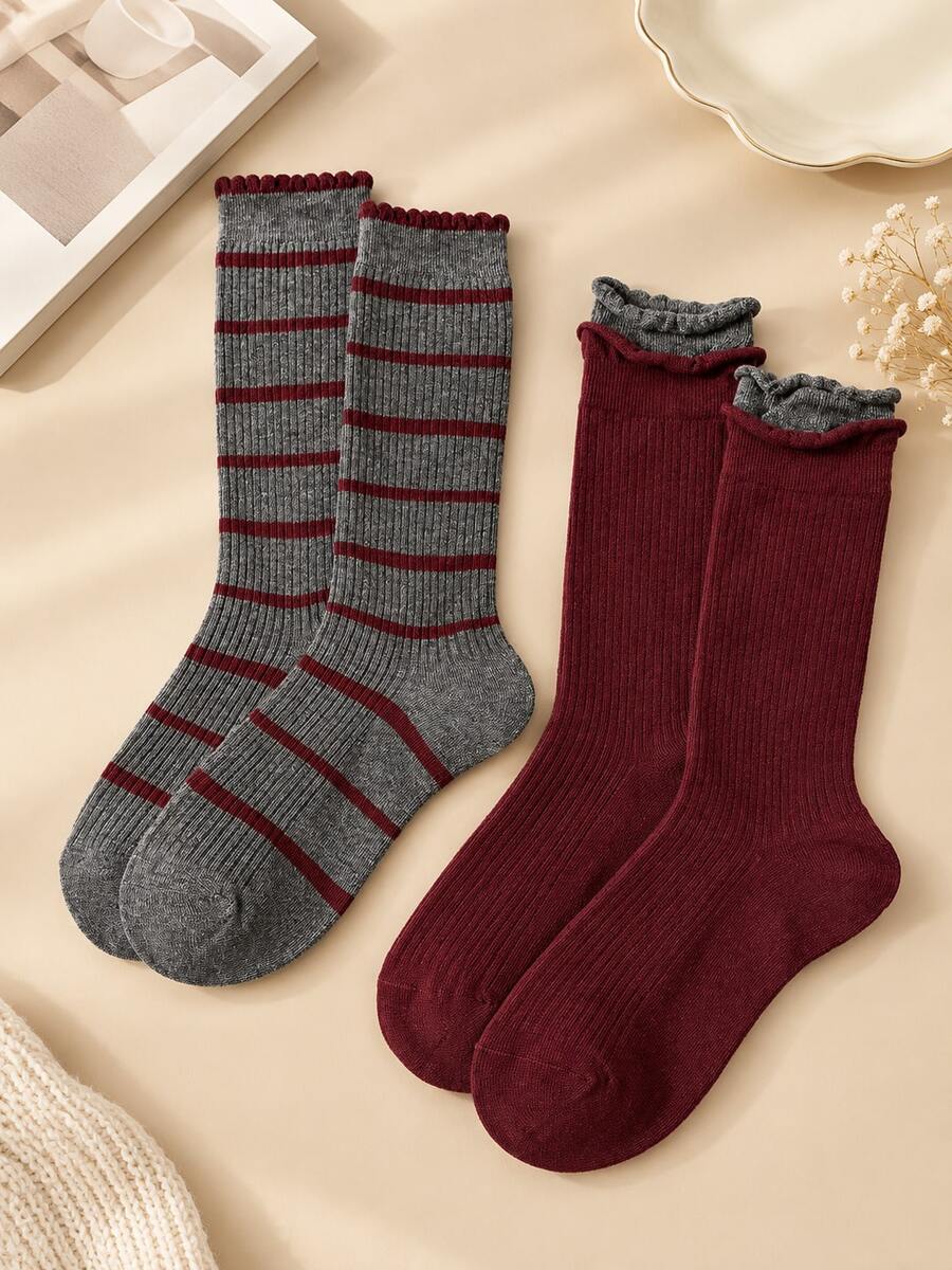 2 Pairs Ankorla Red Mid-Calf Socks Women's Ankorla Red Fashion Extended Bow Vintage Socks - Multicolor - View 1