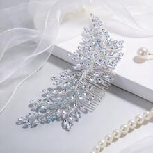 1pc Elegant Silver Crystal Leaf Handmade Bridal Hair Comb, Teardrop Transparent Crystal Bead Decor, Wedding Bride Bridesmaid Party Accessory - Silver - View 6