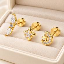3PCS Steel Mini Cubic Zirconia Moon Star Studs Earrings Set For Women Hypoallergenic Tragus Helix Cartilage Flat Back Conch Ear Lobe Piercing Jewelry - 3PCS Round Zirconia Star Moon Leaf Set - View 13