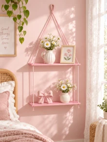1pc Pink Photo Frame Wall Shelf, Boho Style Hanging Wall Storage Rack For Bedroom, Living Room, Bathroom, Nursery, Dorm, Cute Plant Aesthetic Home Decor, Photo Frame, Vanity, Pink Boho Style Wall Display Shelf For Ladies Room - Multicolor - View 10