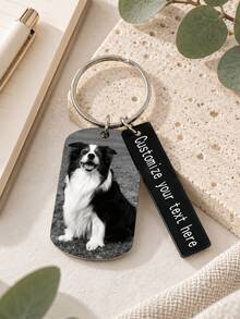 1pc Personalized Pet Photo And Text Customized Keychain, Custom Dog Portrait Dog Tag Pendant, Pet Photo Engraved Tag, Paired With Customizable Text Black Long Strip Nameplate, Pet Name Memorial Key Chain, Beloved Dog Memorial Gift, Dog Owner Exclusive Keepsake - Multicolor - View 5