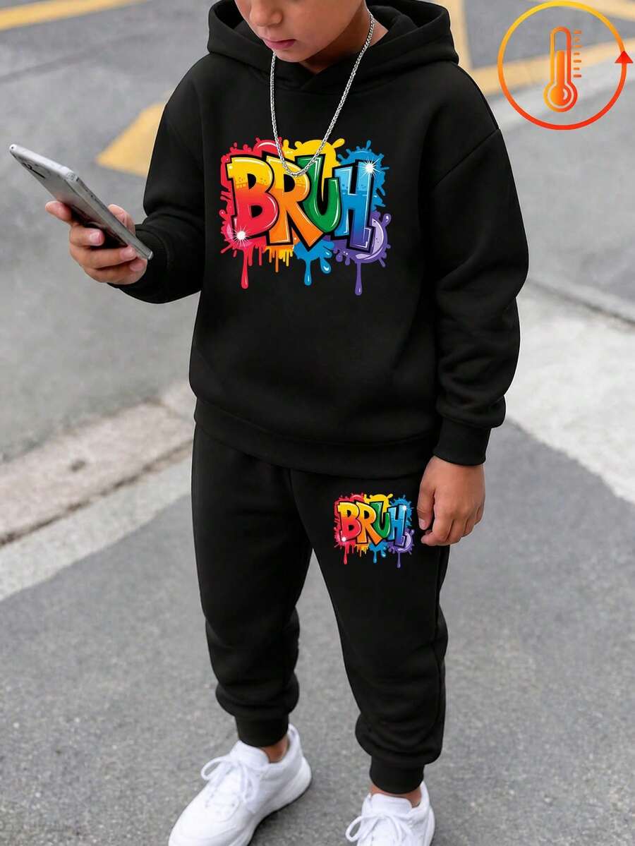 2pcs/Set Tween Boy Graphic Print Casual Fleece Hoodie And Fleece Pants, Autumn/Winter Outfit - Black - View 1