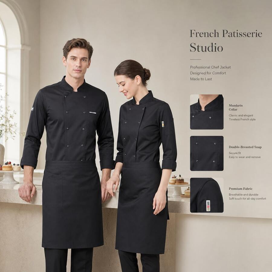 New Fashion Chef Uniform Unisex Long Sleeve, High-End Hotel/Restaurant/Bakery/Cafe Workwear, Stylish & Personalized Design With Horseshoe Cuff, Oblique Placket, Comfortable & Convenient, Pen Pocket For Small Items Storage - Black - View 1