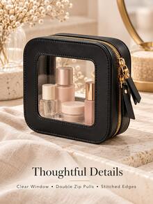 Mini Clear Window Makeup Bag, PU Leather Portable Travel Cosmetic Case, Waterproof Zipper Makeup Storage Pouch For Lipstick Skincare, 2 Styles Single/Double Window, 3 Colors - Multicolor - View 8