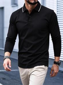 Men's Golf Light Business Long Sleeve Polo Shirt With Contrast Collar, Suitable For Golf, Business, Office, Daily Casual, Outdoor And Multiple Occasions - Black - View 10