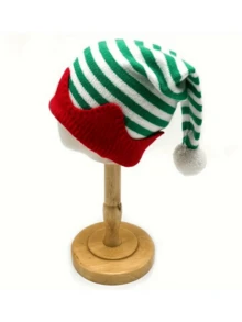 6pcs,Christmas Elf Knitted Hat, Red Green White Striped Elf Hat With Pom Pom Ball, Festive Holiday Costume Accessory For Xmas Party - Multicolor - View 7