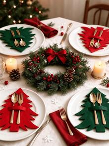 12pcs/24pcs Christmas Tree Shaped Cutlery Holder, Flat Tableware Storage Rack For Forks And Spoons, Decorative Tableware Organizer For Holiday Table Decor And Table Setting, Christmas Gift Set (Cutlery Not Included) - Multicolor - View 4