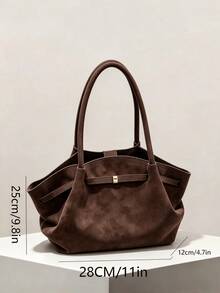 1pc Deep Coffee Suede-Like Tote Bag, Metal Lock Strap Design, Soft Slouchy Large Capacity, Vintage Maillard Tone, Hand-Carry And Shoulder-Carry Dual Use, Commute And Travel Autumn/Winter Vibe Women's Bag - Coffee - View 5