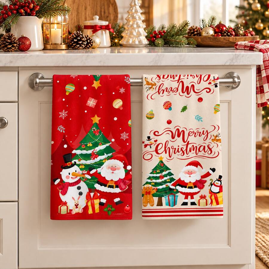 2pcs Santa Claus, Snowman And Christmas Tree Pattern Dish Towels, Suitable For Kitchen, Bathroom, Toilet Holiday Kitchen Decor, Winter Home Decor, Christmas Gift Set - Multicolor - View 1
