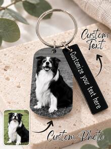 1pc Personalized Pet Photo And Text Customized Keychain, Custom Dog Portrait Dog Tag Pendant, Pet Photo Engraved Tag, Paired With Customizable Text Black Long Strip Nameplate, Pet Name Memorial Key Chain, Beloved Dog Memorial Gift, Dog Owner Exclusive Keepsake - Multicolor - View 3