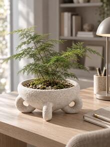 1pc Minimalist Cream White Textured Bowl-Shaped Planter With Sculptural Base, Suitable For Bedroom, Office, Reading Nook And Bright Windowsill, Small Plants And Succulents, Succulent Planter, Living Room Decor - Multiple Styles - View 7