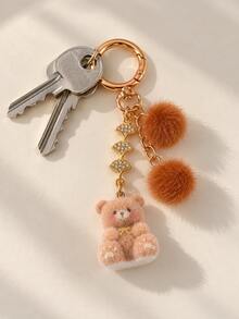 HAILIAN Flocked Teddy Bear Bag Charm, Double Pom Pom Fur Keychain With Rhinestone Star Chain, Pink And Brown Handbag Accessory - Multicolor - View 9