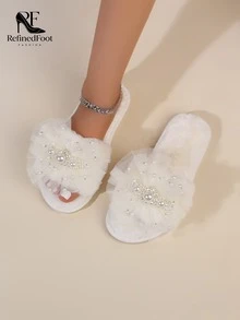 Women's Summer White Mesh Floral Pearl Fluffy Flat Slide Sandals, Soft Plush Texture, 3D Mesh Floral & Pearl Decor, Comfortable Flat Bottom, Sweet & Cool Vibe, Suitable For Dates, Home, Parties, Multiple Occasions - White - View 1