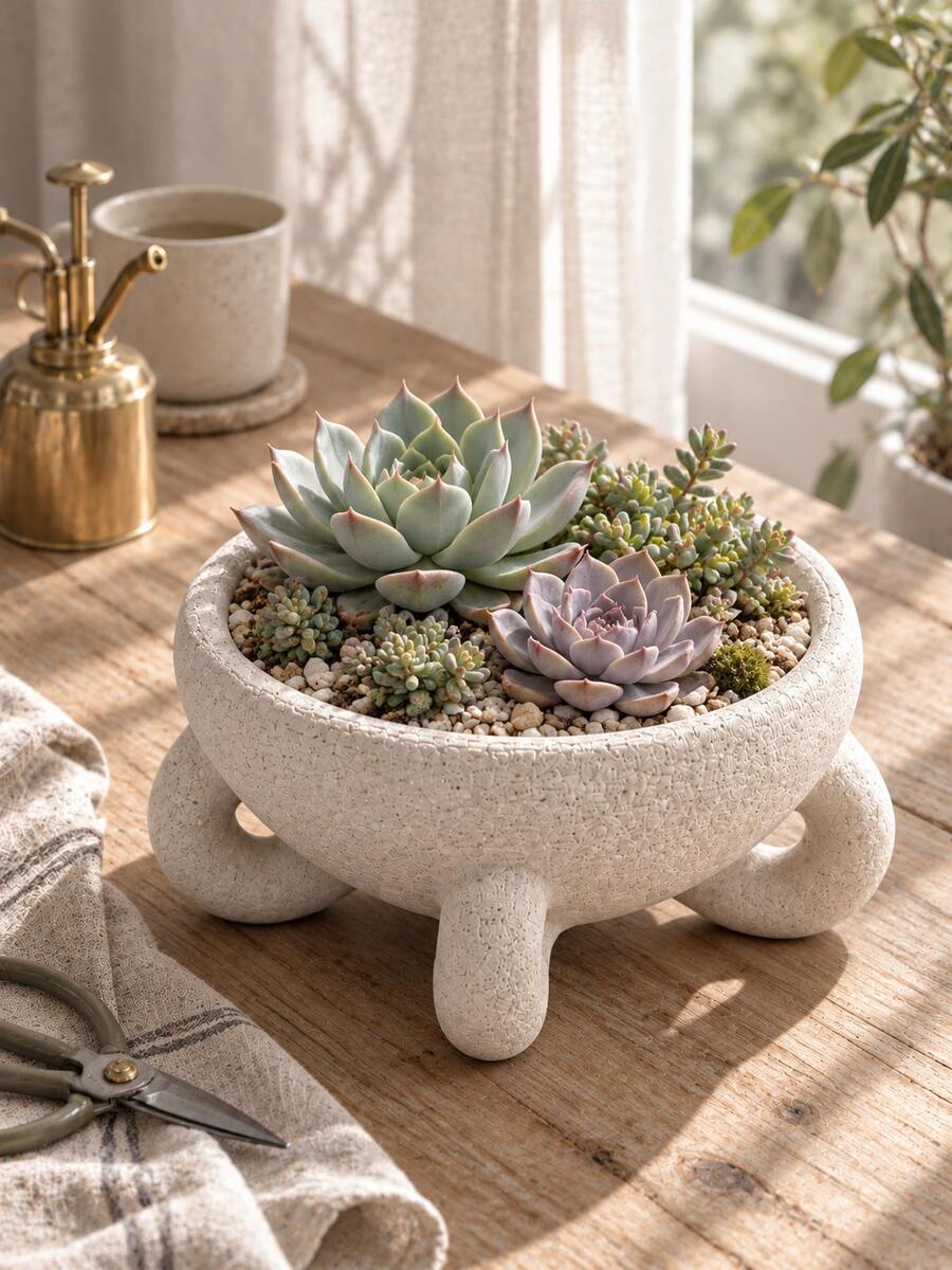 1pc Sculptural Cream White Round Planter With Textured Surface And Ring Base, Elegant Display For Succulents And Small Plants On Windowsill, Living Room Table, Shelf And Office Desk, Indoor Planter, Succulent Pot, Modern Home Decor