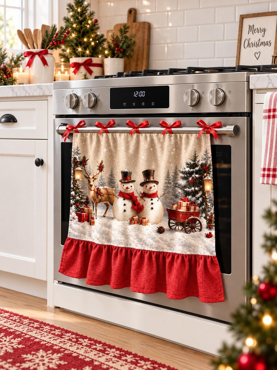 Farmhouse Christmas Stove Oven Curtain, Red Gingham Checkered Kitchen Curtain With Tie Bows, Ruffled Christmas Kitchen Decor Curtain For Stove Front Decoration - B - View 1