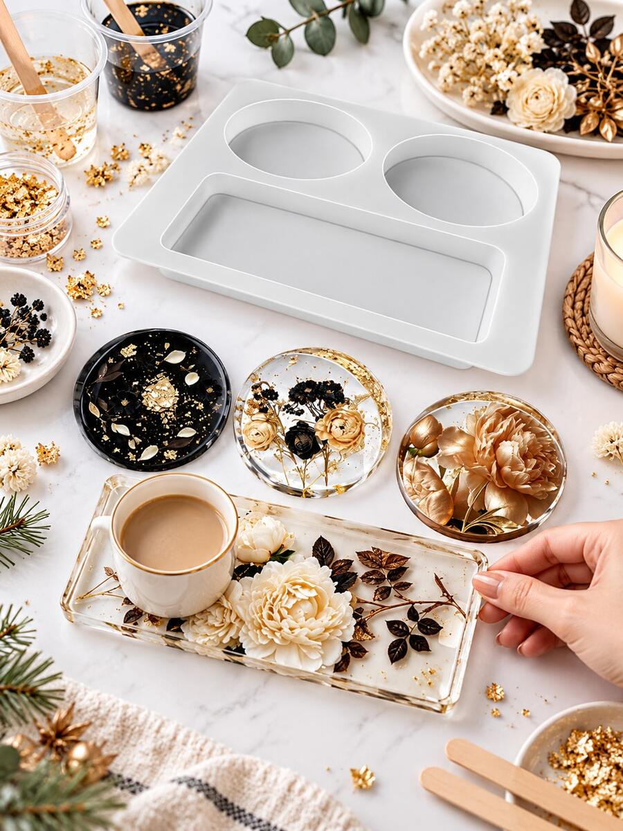 3-Cavity Silicone Resin Casting Mold, Includes 2 Round Coasters And Rectangular Tray Epoxy Resin Mold, DIY Dried Flower Gold Foil Resin Craft Desktop Decor Jewelry Stand - Silicone Resin Casting Mold - View 1