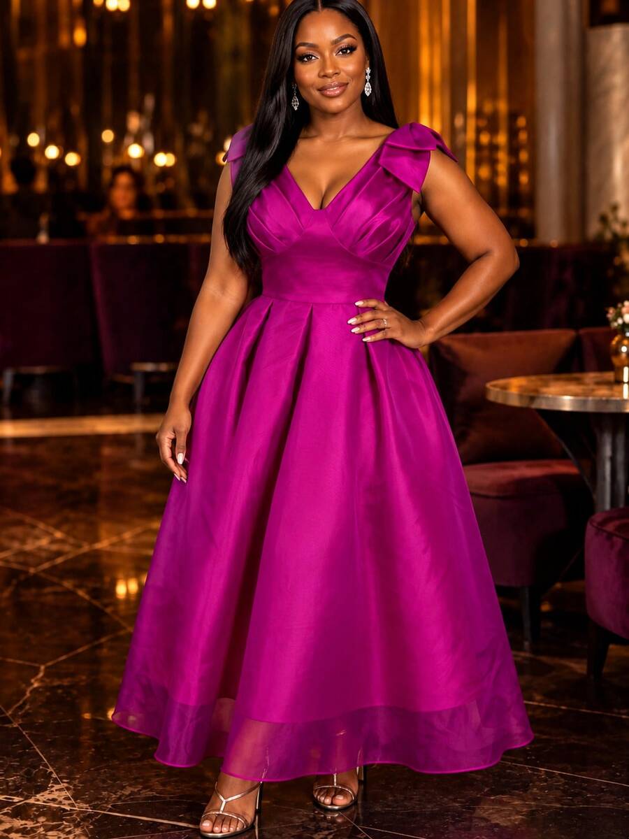 Elegant Women Fuchsia A Line Maxi Dress Deep V Neck Shoulder Bow Pleated Waist Formal Wedding Guest Evening Gown - Rose Red - View 1