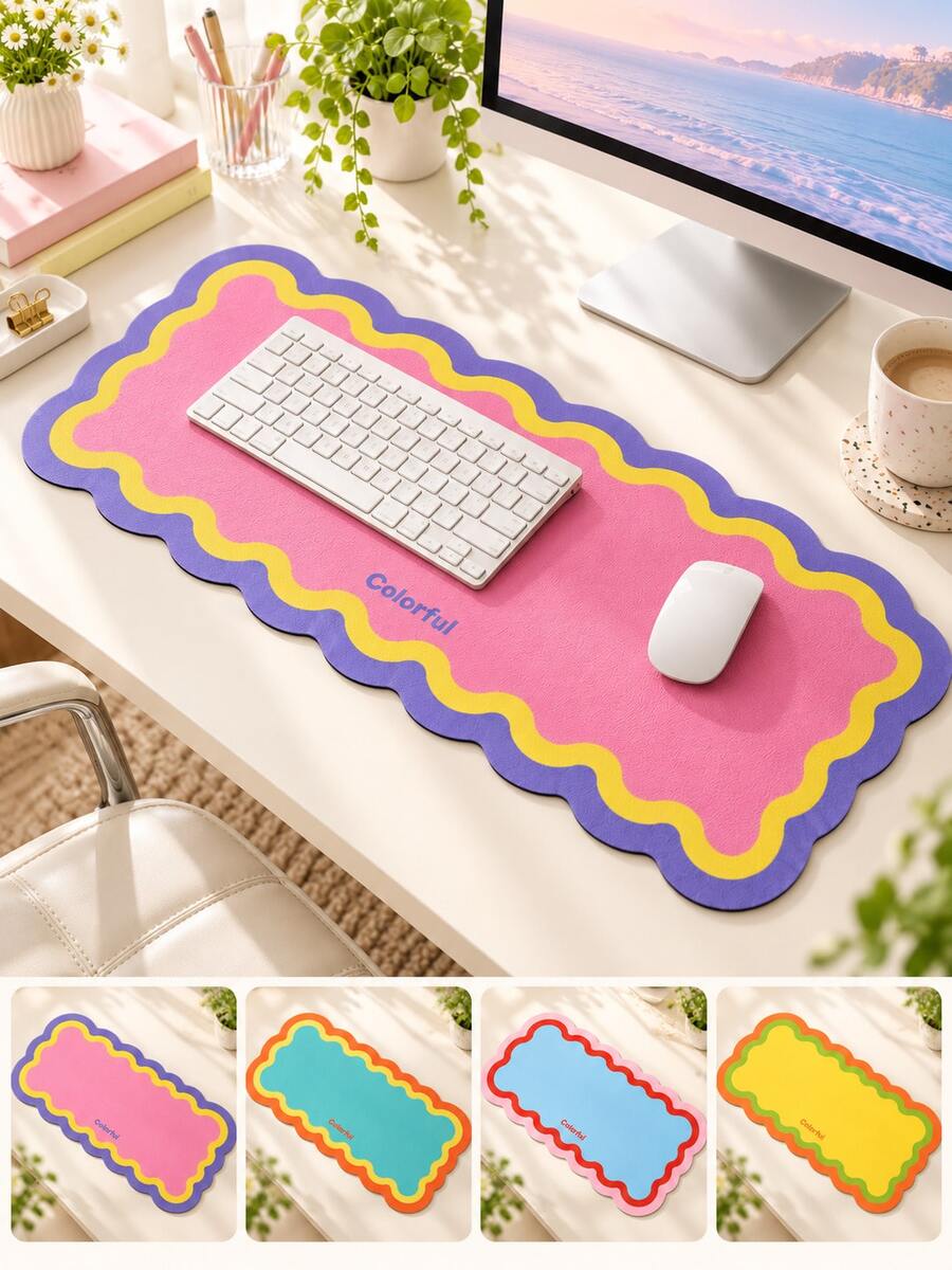 Desk Mat For Keyboard And Mouse, 80 X 35 Cm Large Extended Mouse Pad, Colorful Wavy Edges With Contrasting Scalloped Border, Easy-Clean Textured Surface, Desktop Protector For Home Office, Study And Gaming, Aesthetic Computer Desk Accessories - View 1
