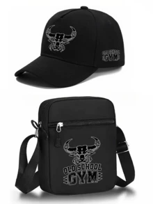 1pc/2pcs "OLD SCHOOL GYM" Letter & Bull Head Graphic Print Unisex Street Fashion Outdoor Sports Baseball Cap & Crossbody Bag, Adjustable, Gift For Yourself Or Friends - Multicolor - View 13