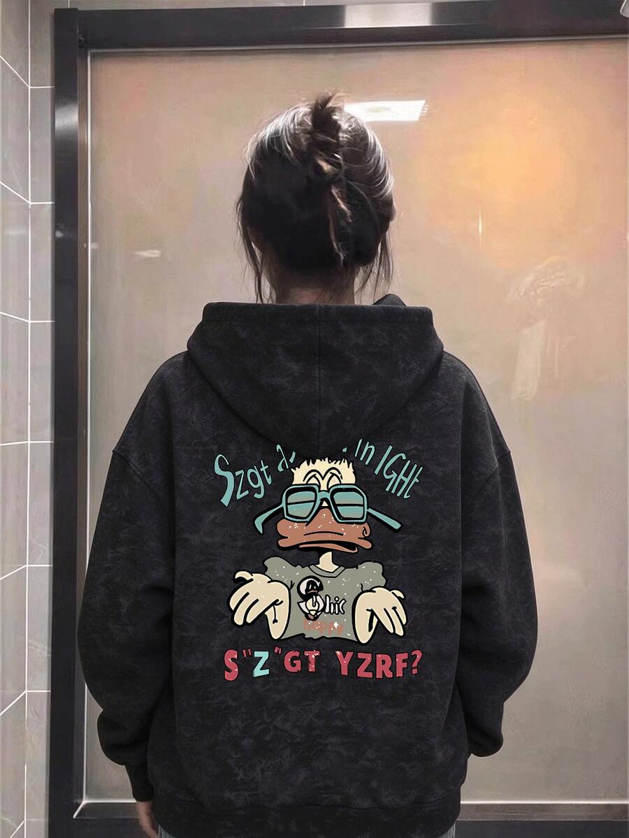 Women's Letter Cartoon Pattern Casual Daily Sweatshirt - Black Tie-dye - View 1