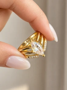 3Pcs Gold Plated Marquise Cut Ring Set For Women, V-Shaped Wave Stackable Rings, 3 PiecesMarquise Rhinestone Bridal Wedding Band Stack - Gold - View 2