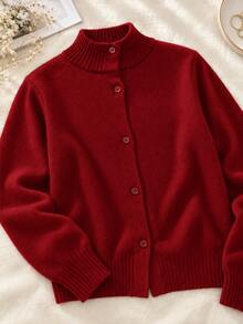 Women's High Neck Front Button Cardigan Sweater, Deep Red Long Sleeve Ribbed Knit, Autumn/Winter Christmas Outfit - Red - View 2