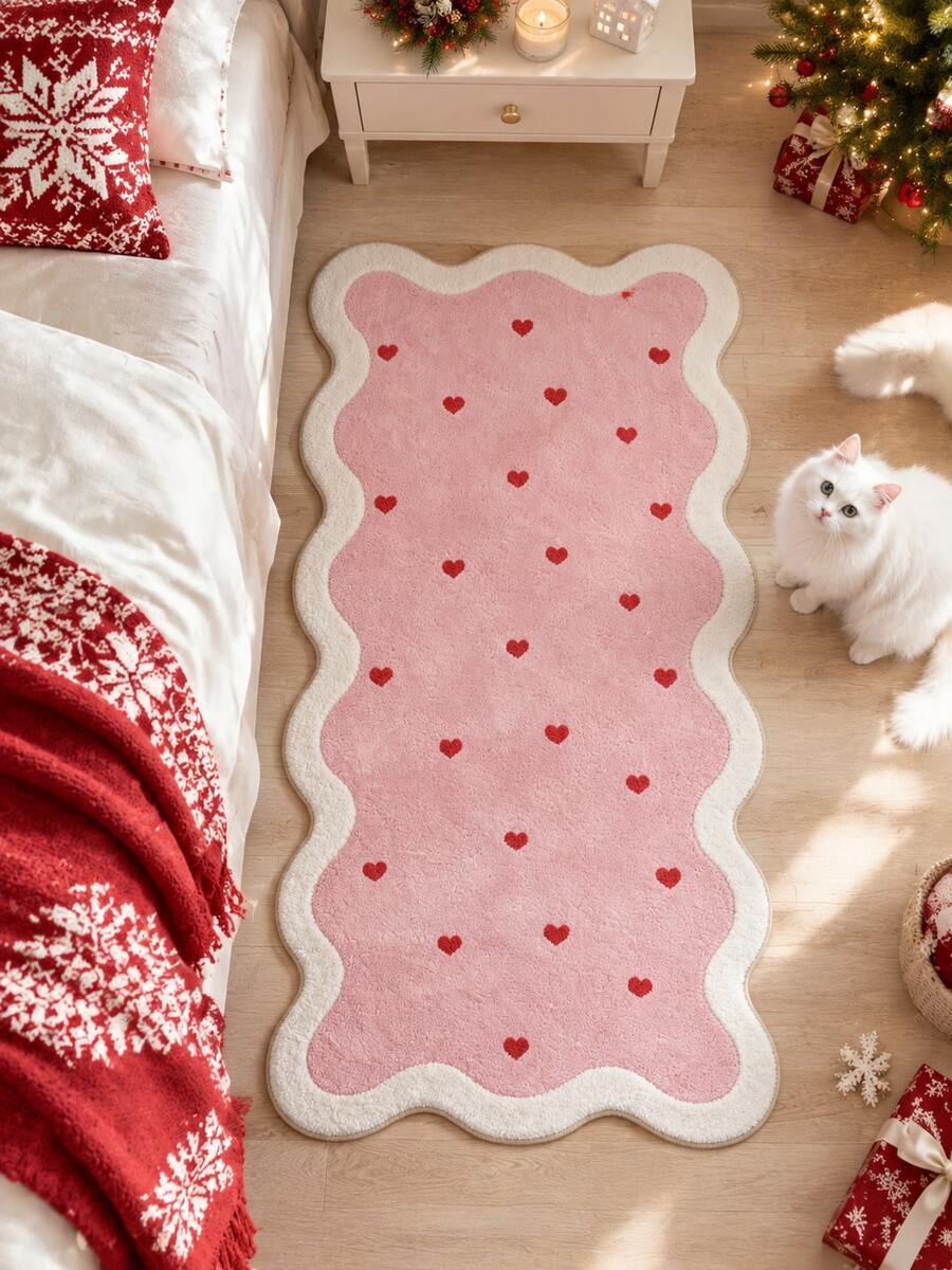 1pc Blush Pink Small Heart Faux Cashmere Long Strip Rug, Creative Wavy Asymmetrical Outline, Beige Double-Layered Edging, Scattered Red Heart Pattern, Soft And Sweet Style, Suitable For Bedroom Bedside Soft Decor, Wavy Edge Asymmetrical Long Strip Outline. Suitable For Bedroom Bedside, Living Room, Entryway Placement, Fluffy And Soft, Machine Washable, Creating A Gentle And Bright Home Atmosphere. - Multicolor - View 1