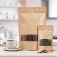 100 papel kraft en base plana, ventana transparente, hermético y resellable, PE, aptas para alimentos, libres de BPA, ideales para almacenar café, té, aperitivos y cereales. - Marrón - Ver 5