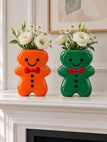 1 pieza Jarrón de flor con forma de hombre de jengibre, figura brillante y sonriente con corbata de moño rojo, decoración navideña linda para la mesa, disponible en naranja, verde y crema - A - Ver 7