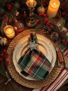 2/6/12pcs Christmas American Vintage Style Square Tablecloth, Suitable For Holiday Party Banquet Dining Table Decoration Cloth Napkin - Green - View 3