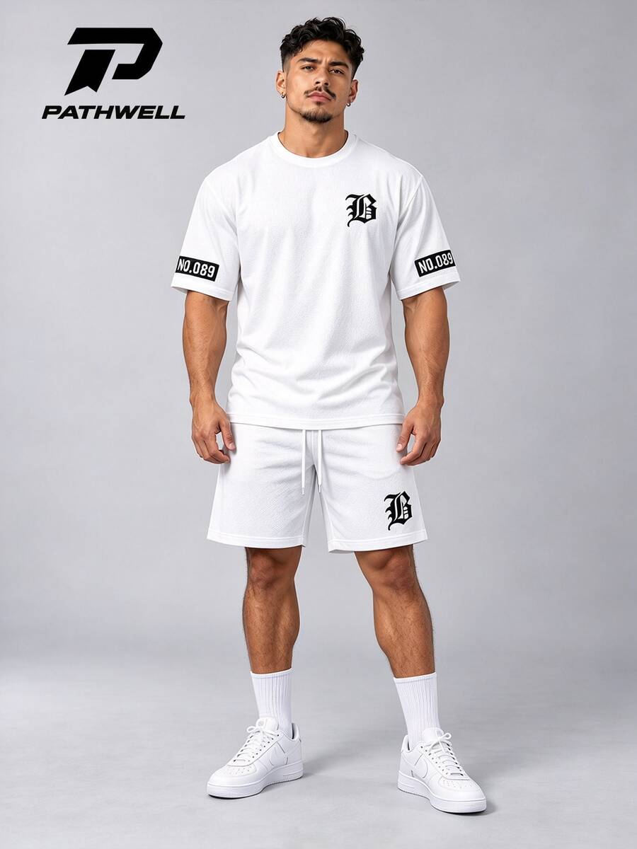 Men's White T-Shirt And Sports Shorts Set, With Prominent Letter And B Pattern Print Design - Multicolor - View 1