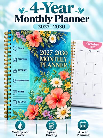 2027-2030 4-Year Monthly Planner Notebook, Tropical Floral Watercolor Blue Spiral Notebook, 48-Month Waterproof Cover Schedule Notebook, 208-Week/Monthly Planner Notebook, Suitable For Work And Home, Back To School Supplies, Office Desk Accessories And Home Essentials