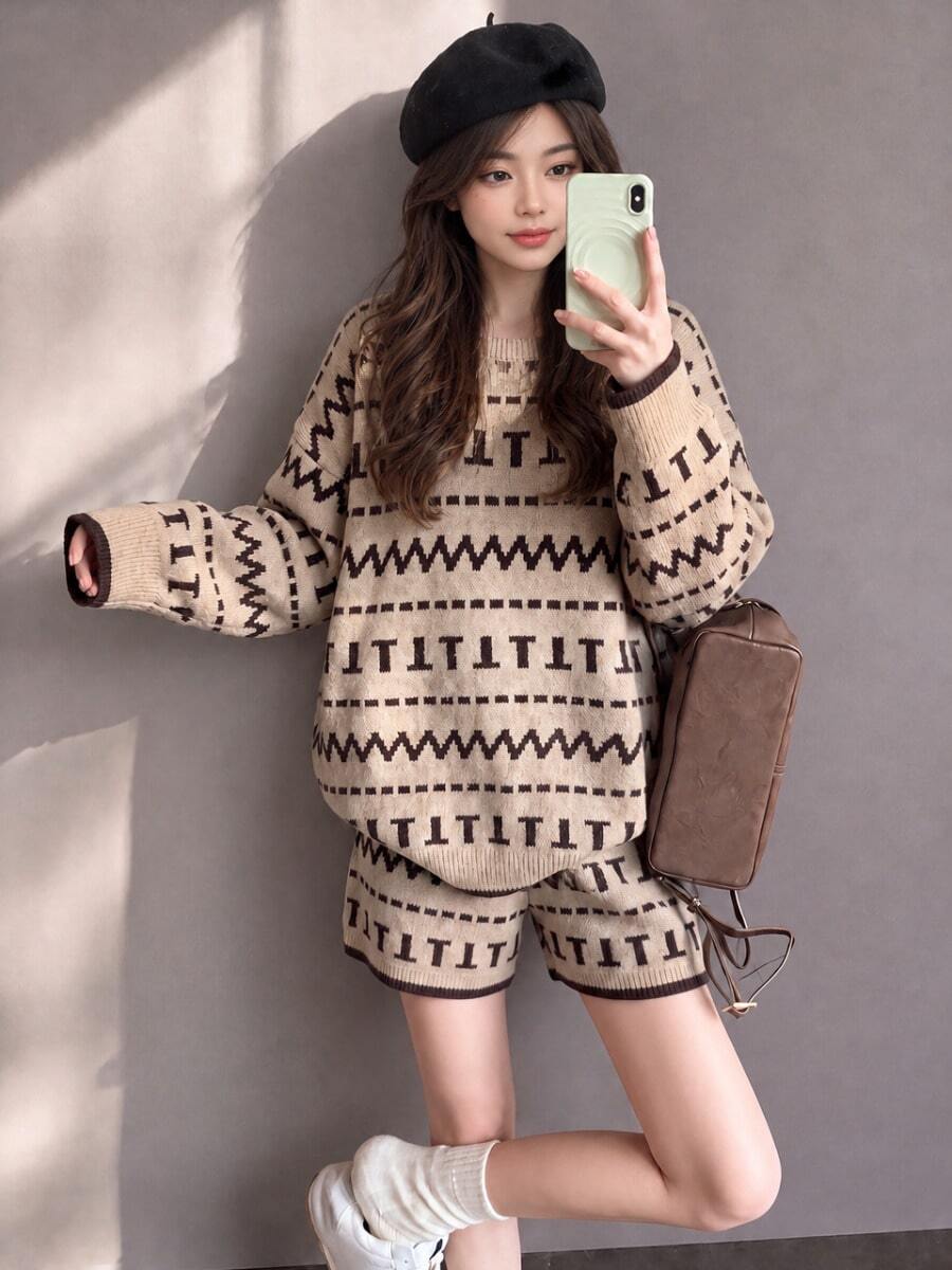Women's New Vintage Style Beige Winter Sweater Set, Printed Pattern, 2 Pieces Set, Suitable For Autumn Wear - Brown - View 1
