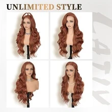 1pc Orange Color Long Silky Straight 13X4 Lace Frontal Synthetic Wig Pre-Cut Hairline, Heat Resistant Fiber Cosplay Daily Party Heat Resistant Fiber Front Wig - Dirty Orange - View 4