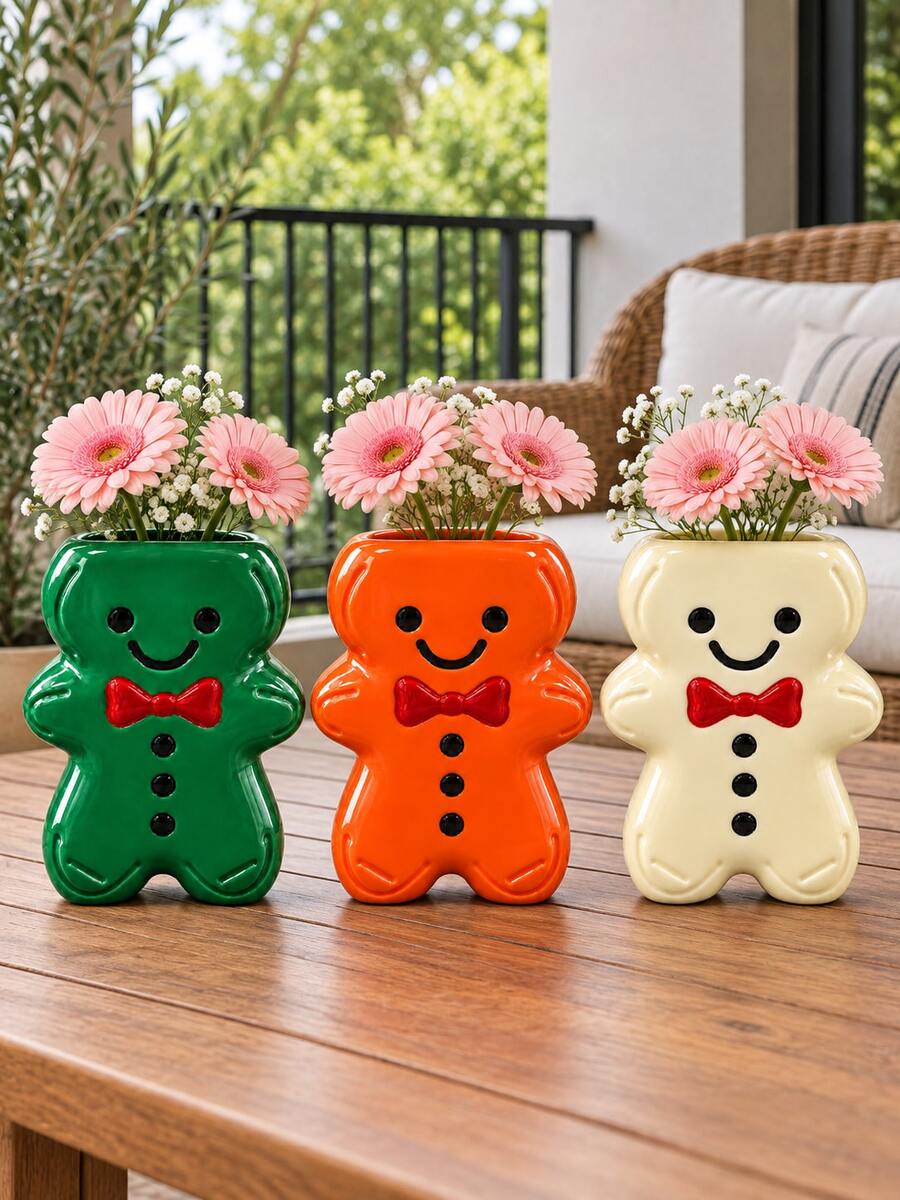 1pc Gingerbread Man Vase & Decorative Figurine, Whimsical Flower Holder For Holiday Centerpieces, Living Room Shelves And Entryway Tables - A - View 1