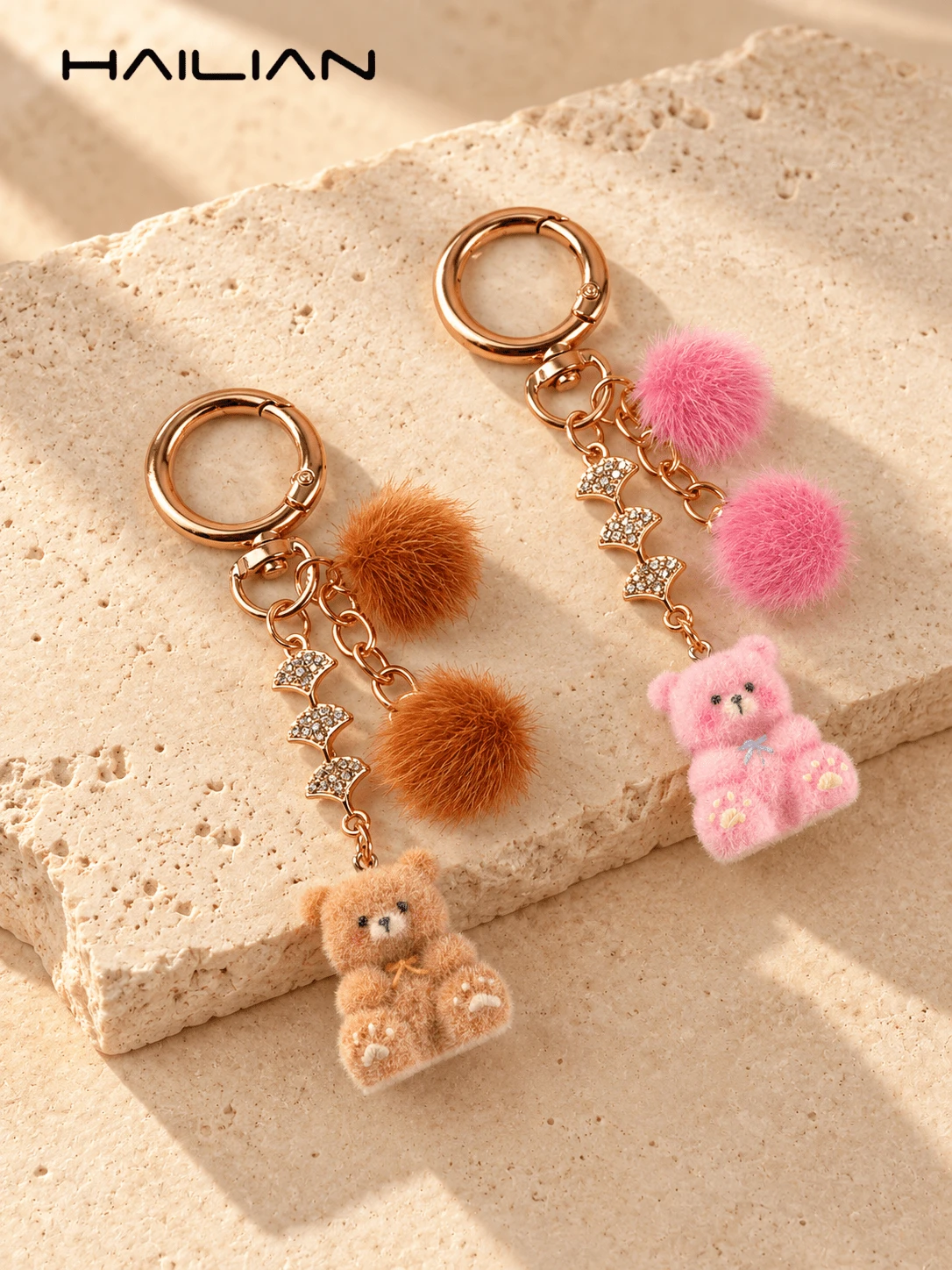 HAILIAN Flocked Teddy Bear Bag Charm, Double Pom Pom Fur Keychain With Rhinestone Star Chain, Pink And Brown Handbag Accessory - Multicolor - View 1