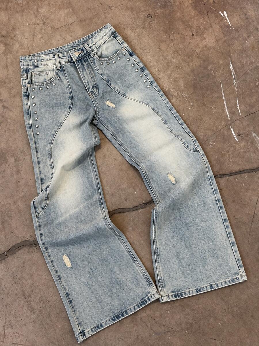 Men's Light Wash Flare Jeans, Studded Rivet Decor, Distressed Ripped Details, Curved Seam Panel, Vintage Streetwear Denim Trousers - Blue - View 1
