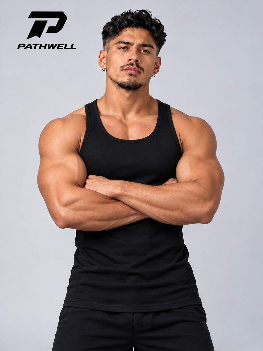 Men's Muscle Shaping Fitness Sleeveless Tank Top, Bodybuilding Sports Vest Black Summer - Black - View 1