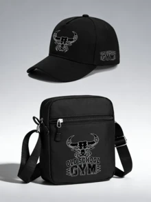 1pc/2pcs "OLD SCHOOL GYM" Letter & Bull Head Graphic Print Unisex Street Fashion Outdoor Sports Baseball Cap & Crossbody Bag, Adjustable, Gift For Yourself Or Friends - Multicolor - View 1
