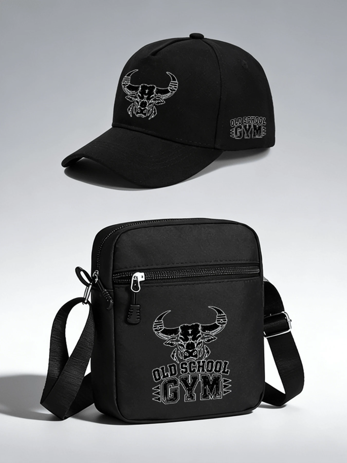 1pc/2pcs "OLD SCHOOL GYM" Letter & Bull Head Graphic Print Unisex Street Fashion Outdoor Sports Baseball Cap & Crossbody Bag, Adjustable, Gift For Yourself Or Friends - Multicolor - View 1