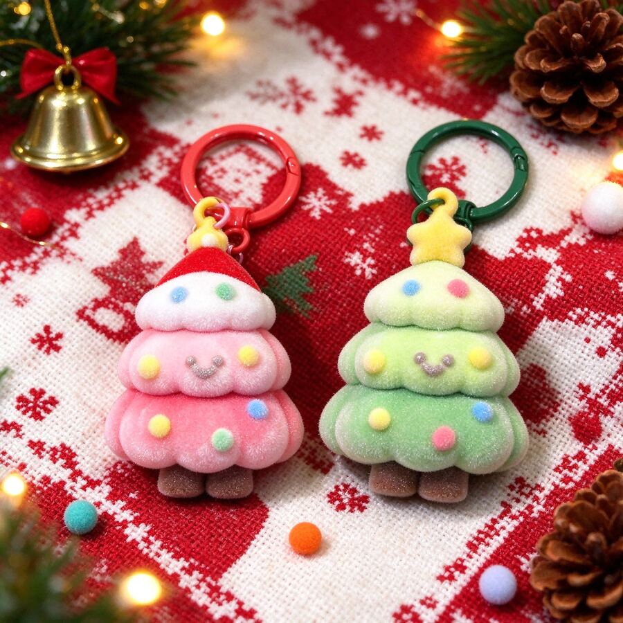 Christmas Tree Keychain With Santa Tin Gift Box, Cute Flocked Xmas Key ...